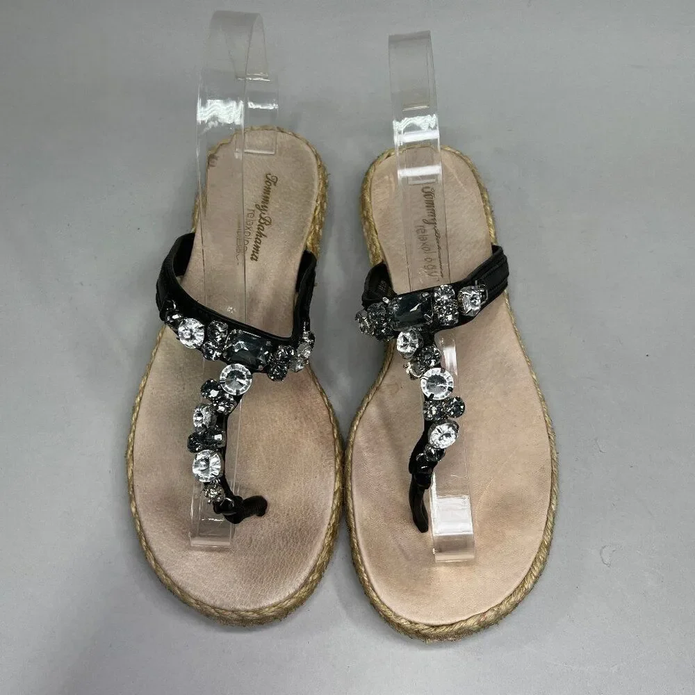 Tommy Bahama Ilysa Sandals Women's 8 Black Beaded‎ Rhinestone Espadrille Thong
